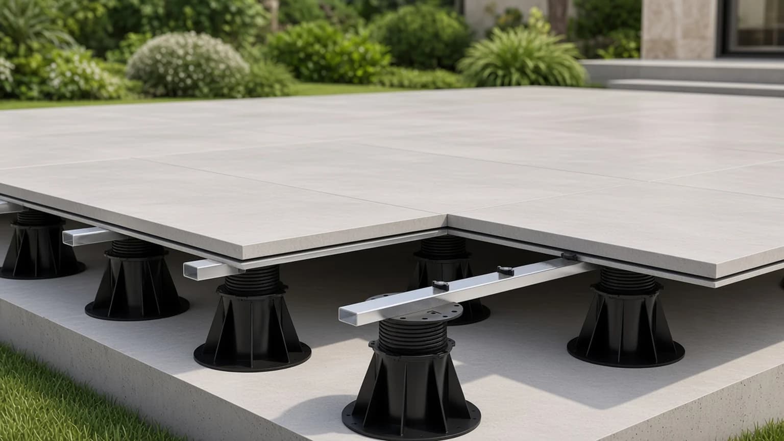Tokoz Premium pedestals under a raised outdoor deck Tokoz Premium pedestals under a raised outdoor deck