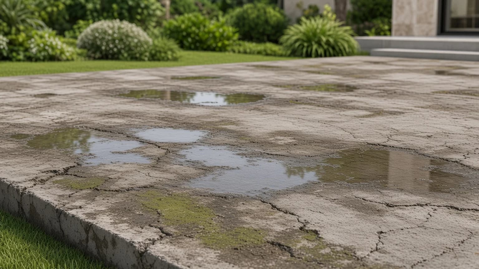 Wet cracked terrace slab before Tokoz Premium pedestals Wet cracked terrace slab before Tokoz Premium pedestals