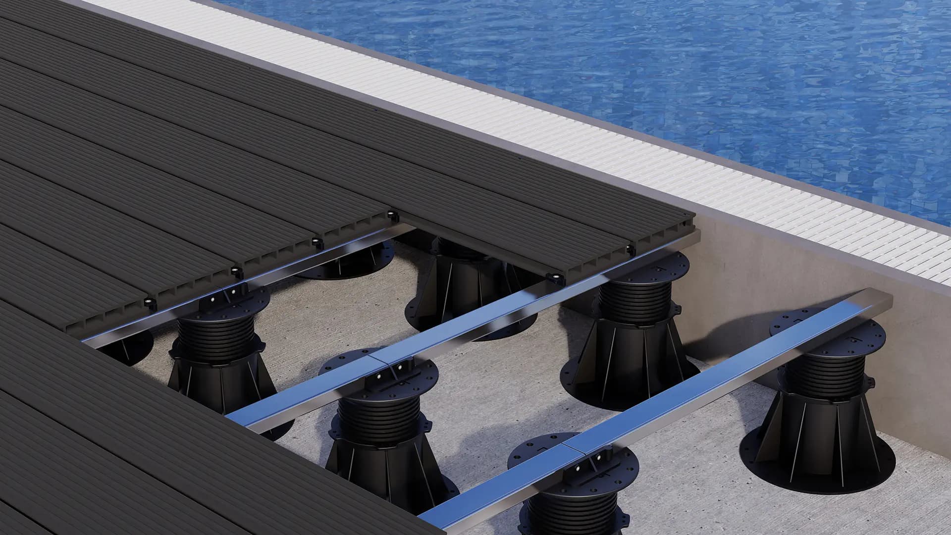 Pedestal ayak ve WPC deck havuz kenarı uygulaması | Tokoz