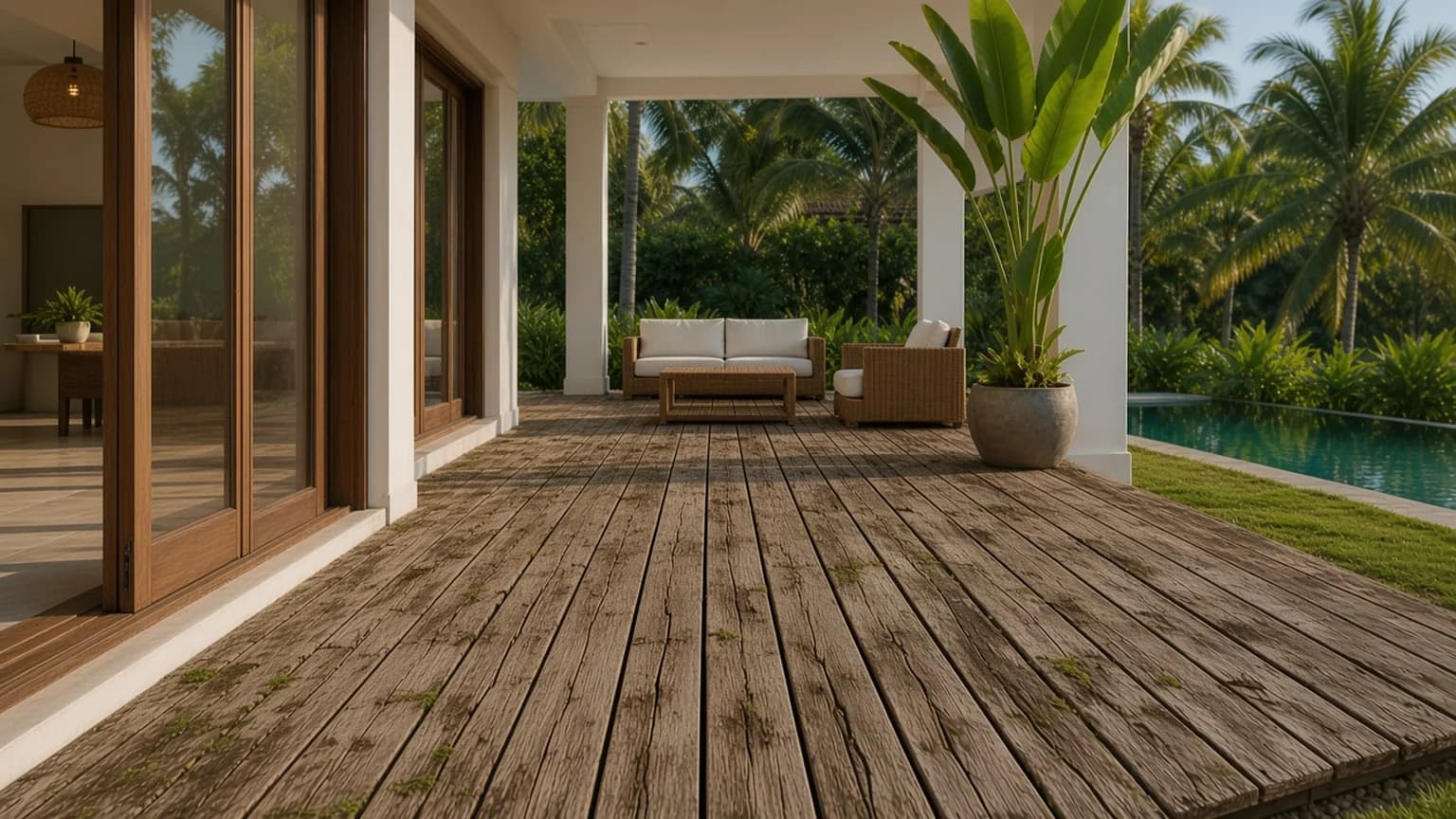 Weathered timber terrace before Tokoz WPC Weathered timber terrace before Tokoz WPC