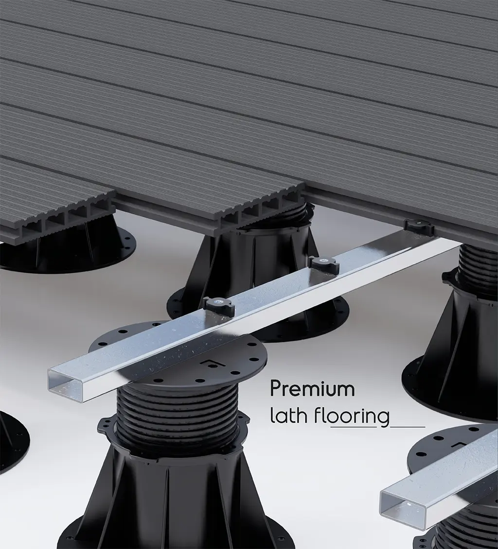Tokoz raised floor pedestals under outdoor lath flooring